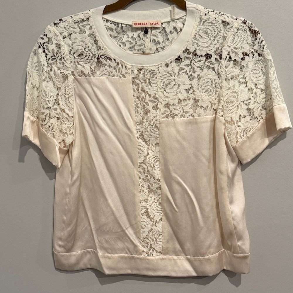 Rebecca Taylor Ivory Lace-Panel Short Sleeve Top